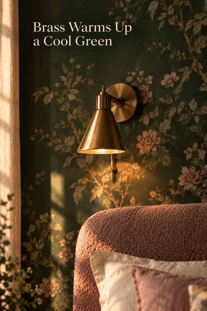 Feature Wall Bedroom Ideas: The Complete 2026 Guide to a Show-Stopping Statement Wall 9 Close-up of a brass wall sconce mounted against a deep green botanical wallpaper wall.