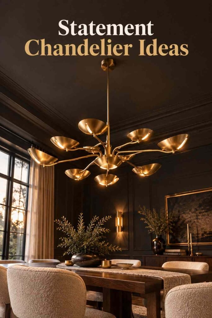 Close-up of a sculptural brass chandelier hanging above a dining table.