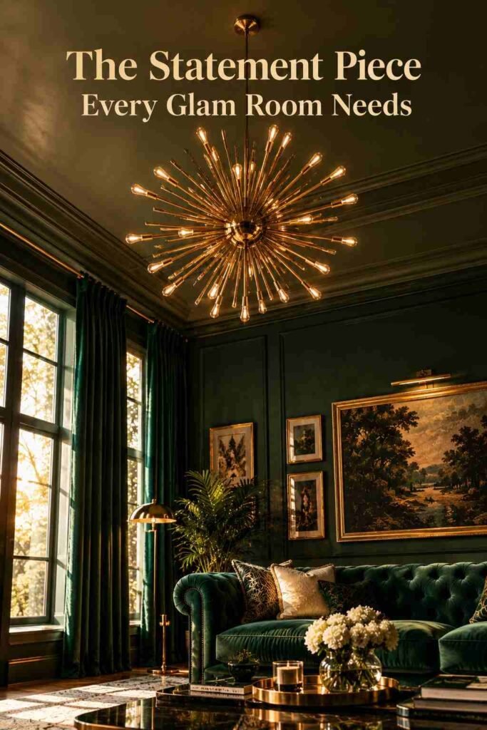 Brass sunburst chandelier in a moody glam living room with emerald velvet drapes.
