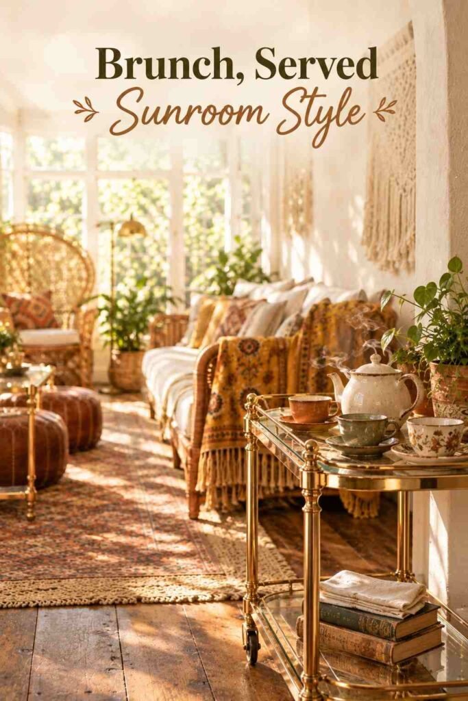 Boho Sunroom Ideas Vintage Lovers Will Adore 14 Brass tea trolley holding a cream teapot, mismatched cups and a small plant beside an arched doorway.