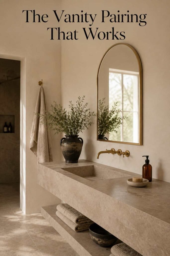 Floating stone vanity with a brass gooseneck faucet beneath an arched brass-framed mirror reflecting window light.