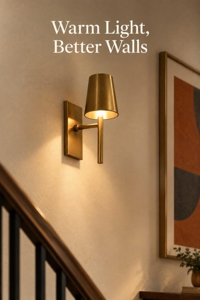 Wall-Going-Downstairs Ideas to Turn Your Staircase Into a Showpiece 10 Close-up of a lit brushed brass wall sconce on a cream staircase landing wall beside the edge of a large print.