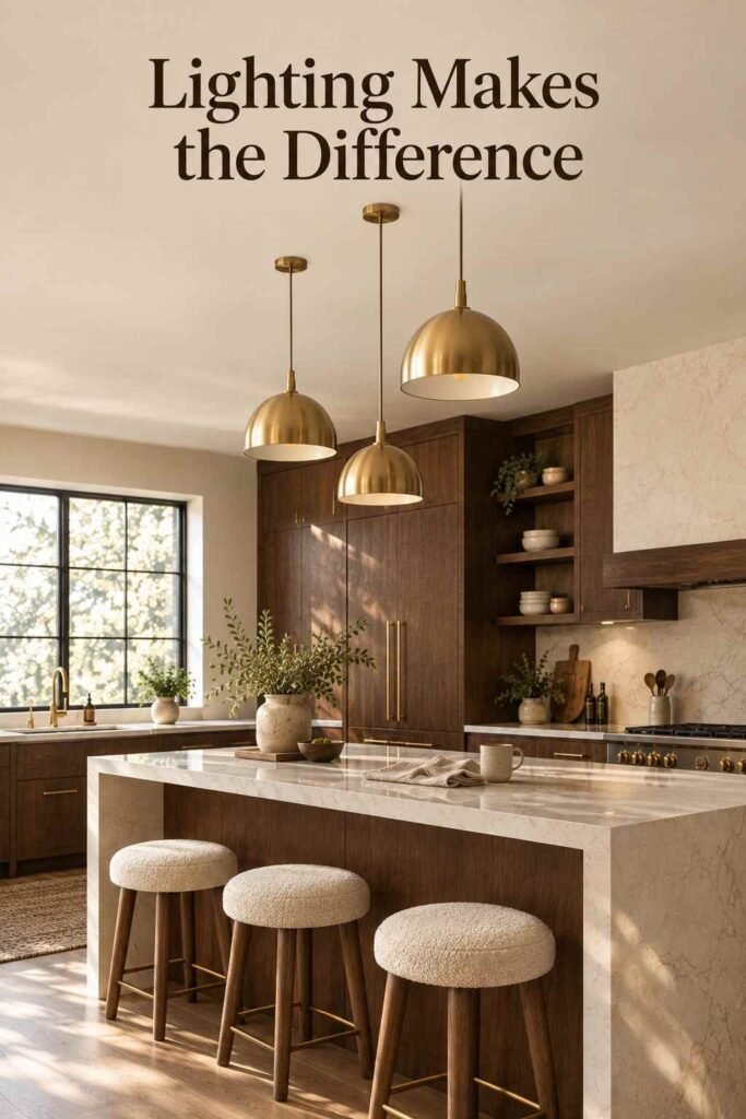 Stylish Breakfast Bar Ideas to Transform Your Kitchen in 2026 10 Staggered brass pendant lights hanging above a breakfast bar island in a warm-toned kitchen.