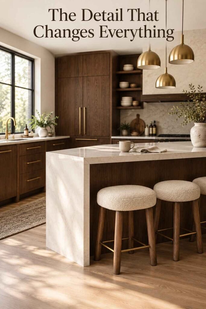 Stylish Breakfast Bar Ideas to Transform Your Kitchen in 2026 2 Close-up of a cream quartz countertop edge with brass hardware and a boucle-upholstered bar stool.