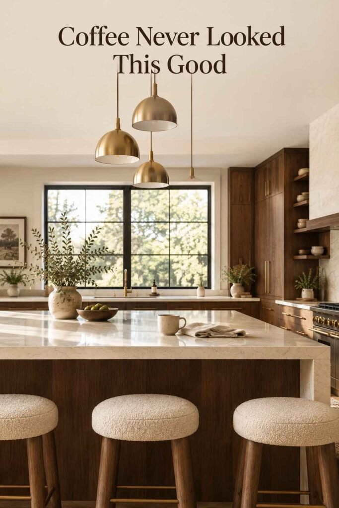 Stylish Breakfast Bar Ideas to Transform Your Kitchen in 2026 3 View from a bar stool looking across a quartz countertop toward brass pendant lights and a window.