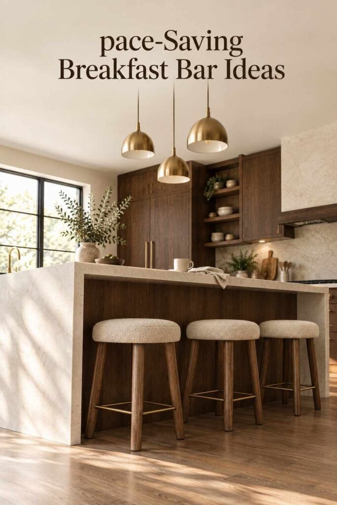 Stylish Breakfast Bar Ideas to Transform Your Kitchen in 2026 7 Low-angle view of backless stool legs and walnut wood kickspace beneath a kitchen island.