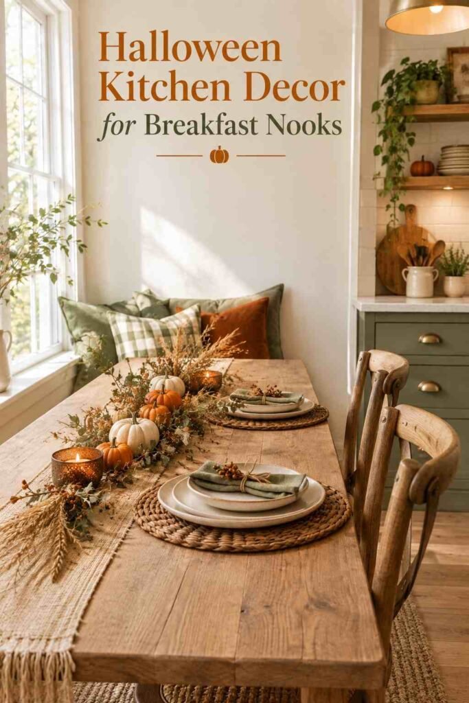 Breakfast nook table set with cream plates and a dried wheat and pumpkin table runner.