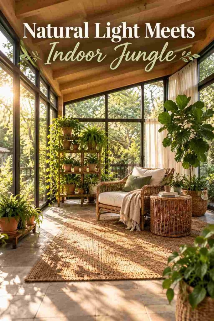Elevated view of a sunroom with a wood beam ceiling, glass walls, and potted plants arranged around a jute rug seating area.