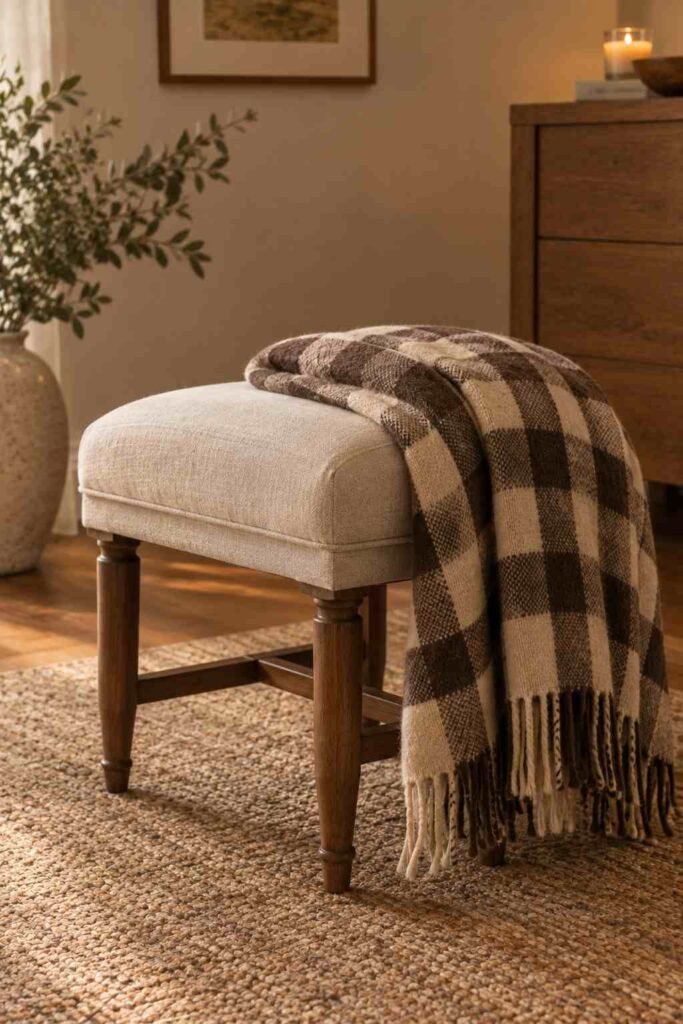 Fall Decor Indoor Ideas to Transform Your Home This Season That Actually Feel Warm 14 Buffalo check throw draped over a stool as a fall decor accent piece