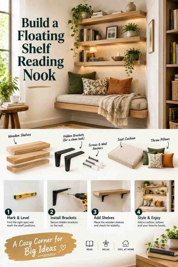 16 Smart DIY Organization Tips to Transform Every Room in Your Home 8 DIY floating shelf reading nook with wooden shelves, cushioned bench, books, plants, and cozy neutral décor.