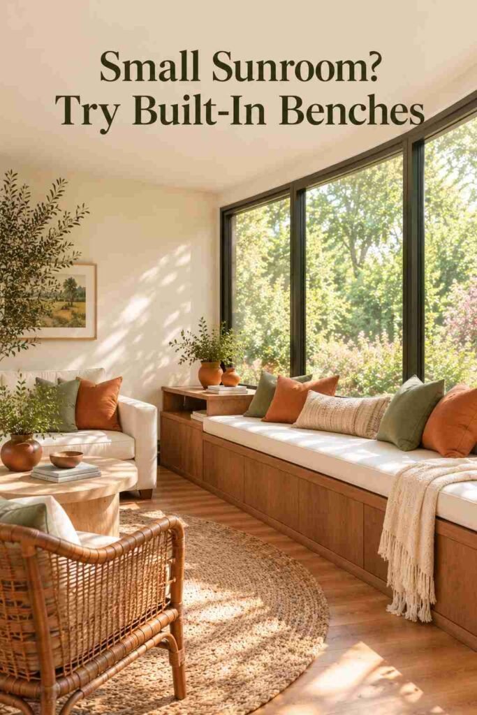Built-in bench seating along a sunroom wall styled with terracotta and sage green cushions.