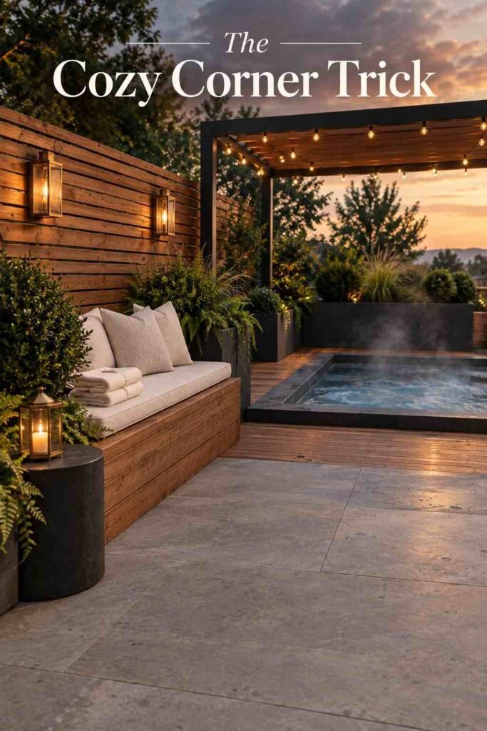 Built-in cedar bench with cream cushions and folded towels beside a steaming spa at dusk.