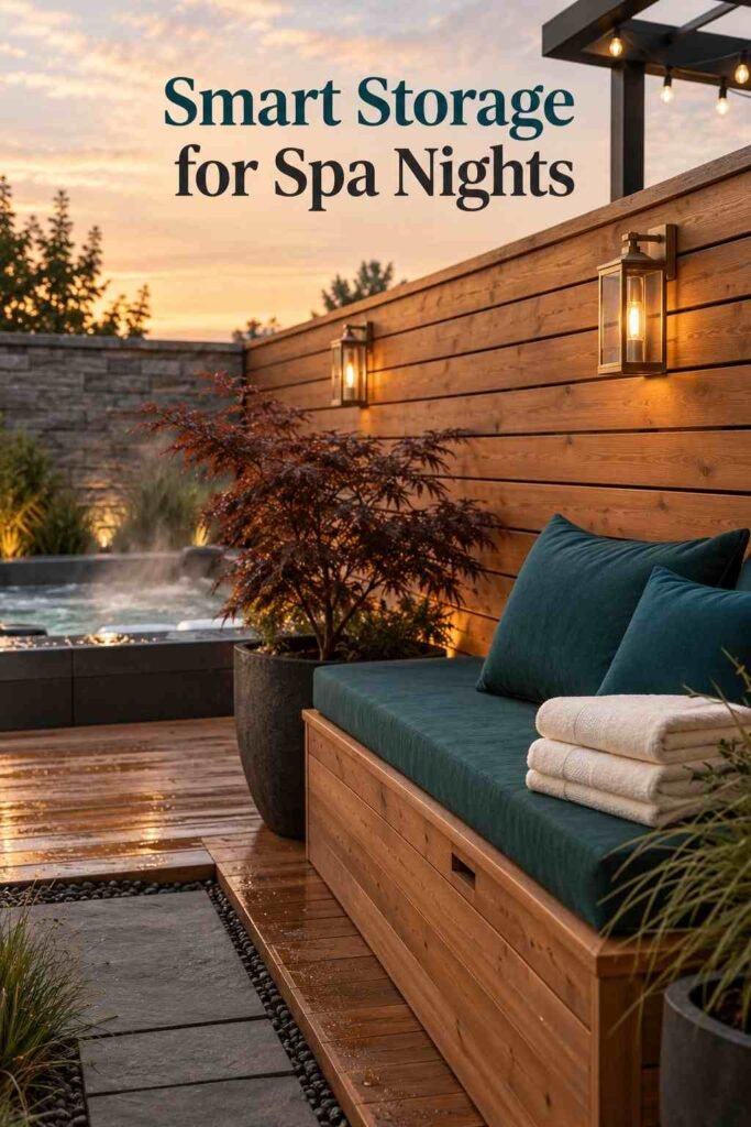 Built-in cedar bench with deep teal cushions and folded cream towels beneath a brass lantern, with a steaming tub blurred behind.