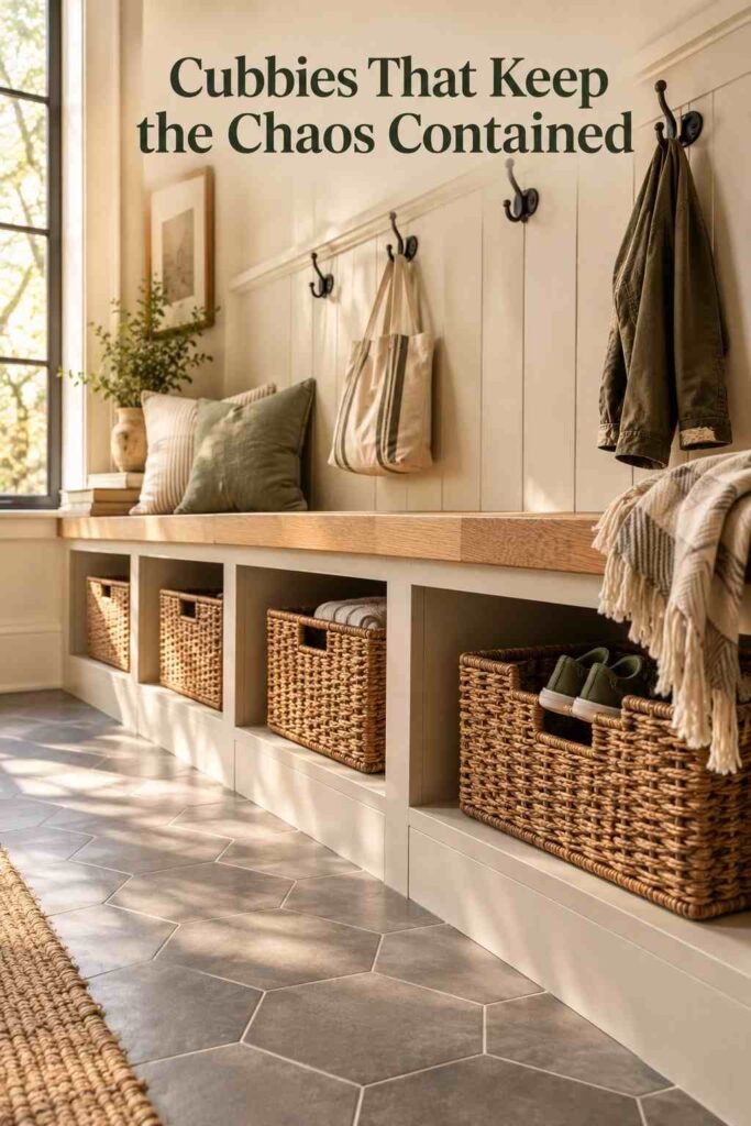 Mudroom Ideas to Transform Your Entryway Into an Organized Family Hub 7 Open built-in cubbies beneath a mudroom bench, each holding a woven storage basket.