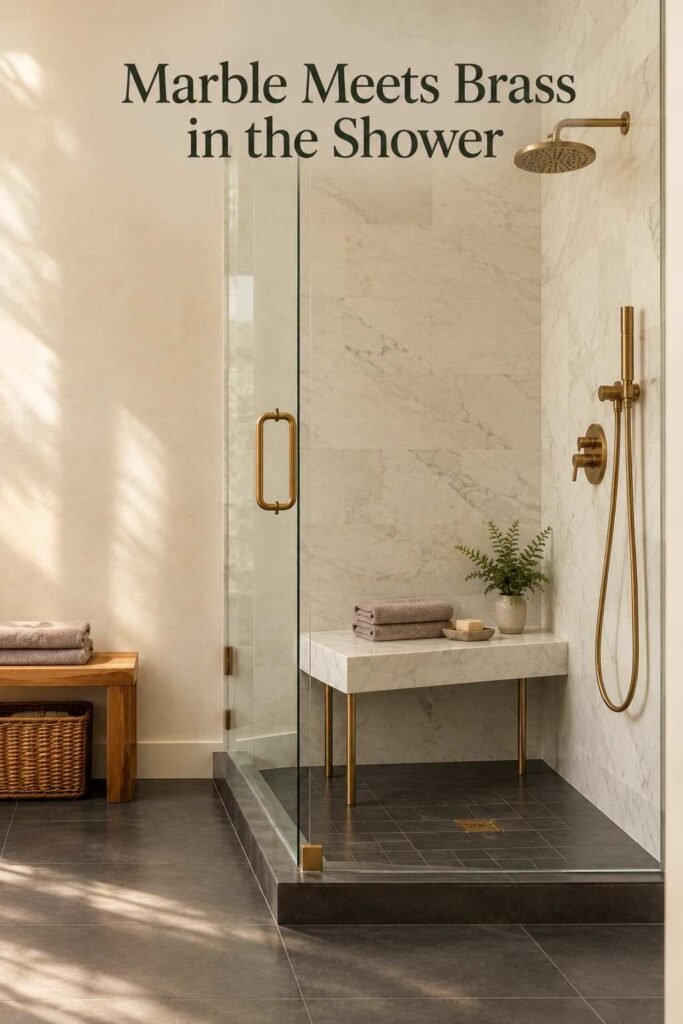 Built-in white marble corner bench with brass legs inside a tiled walk-in shower.