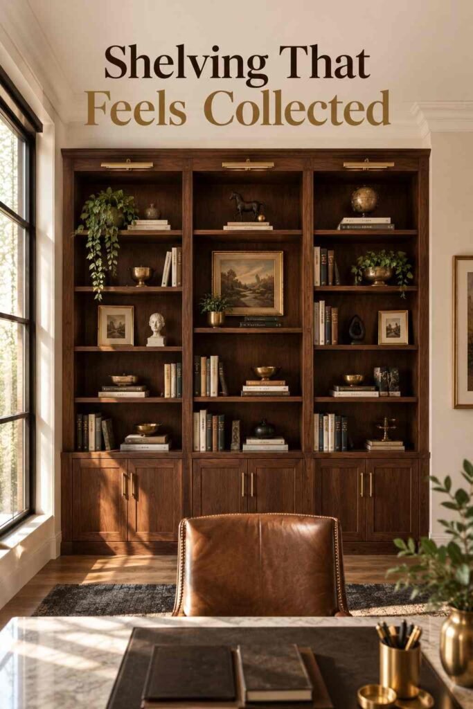 Luxury Home Office Ideas to Elevate Your Workspace in 2026 4 Floor-to-ceiling walnut built-in bookcase filled with books and objects in a home office.