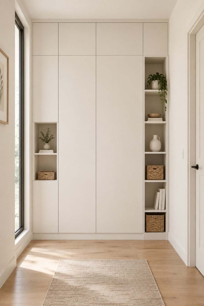 Floor-to-ceiling built-in wardrobe painted in wall color in a Scandinavian entrance hall