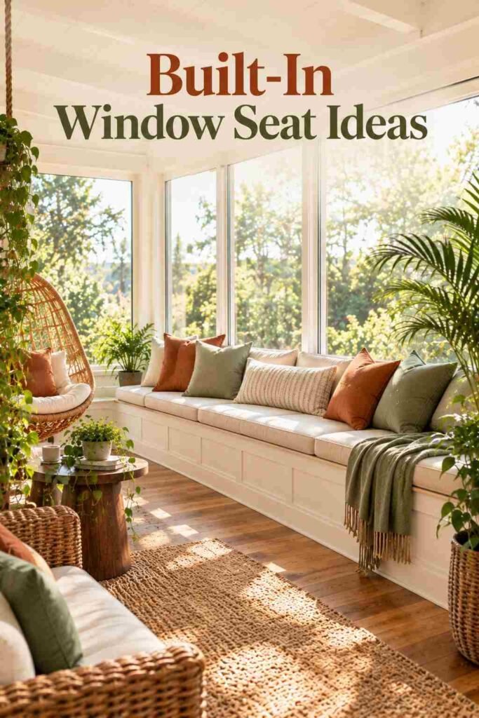 Built-in window seat bench with terracotta and sage-green cushions along a glass sunroom wall.
