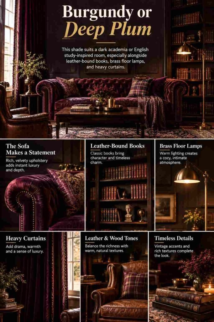 Chesterfield Sofa Living Room Ideas to Elevate Your Space in 2026 4 Burgundy and deep plum velvet sofa in a dark academia living room with leather-bound books, brass floor lamps, and heavy curtains.
