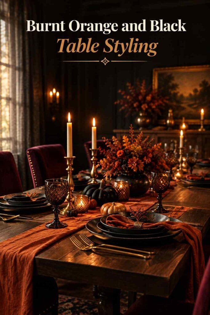Two place settings with a burnt orange linen runner, black plates, and gold flatware.