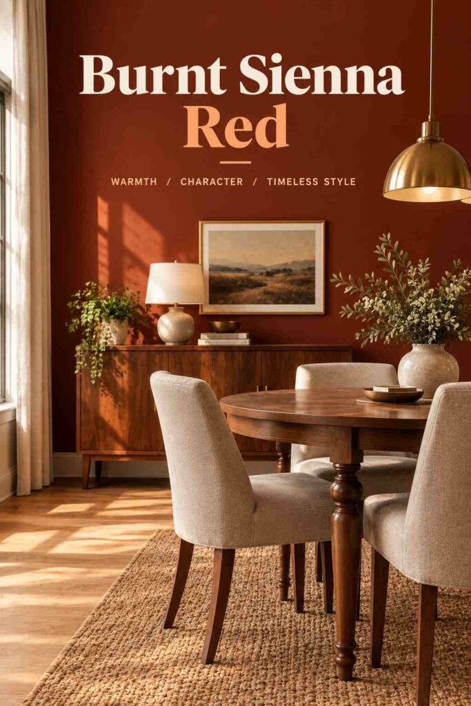Dining Room Accent Wall Ideas That Will Transform Your Space in 2026 6 Burnt sienna red dining room with a walnut table, cream upholstered chairs, warm wood furniture, brass pendant lighting, and natural sunlight.