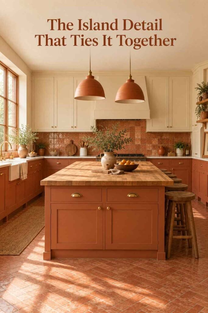 Kitchen island with butcher-block countertop, unlacquered brass hardware, and terracotta pendant lights.