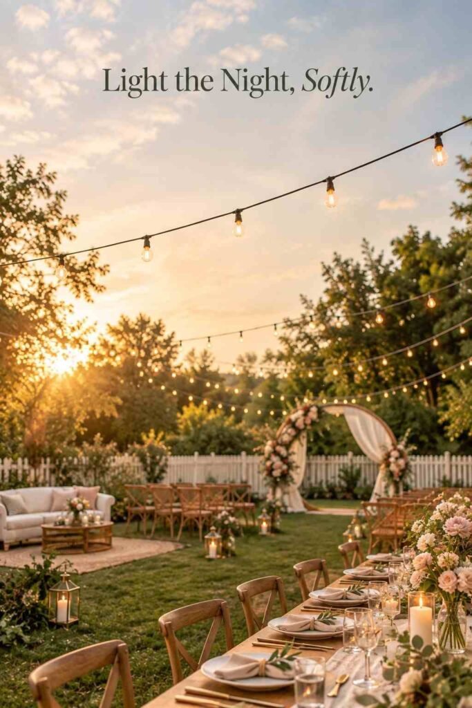 Warm café string lights crossing above a linen-covered farm table, with soft golden bokeh at dusk.