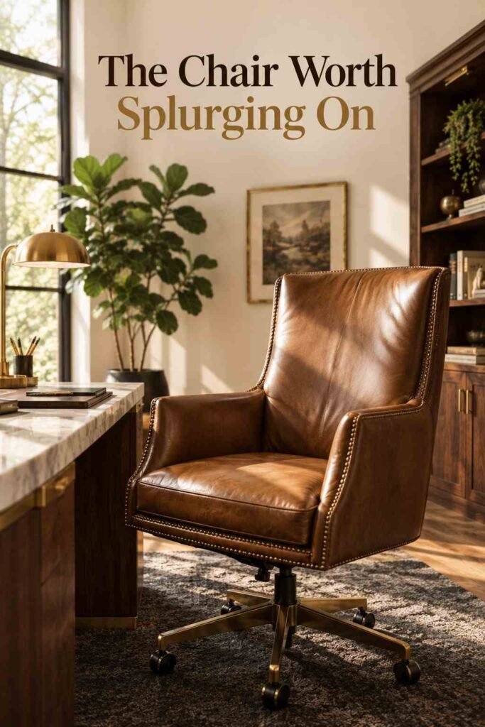 Luxury Home Office Ideas to Elevate Your Workspace in 2026 3 Camel leather executive office chair with brass stud detailing beside a walnut desk.