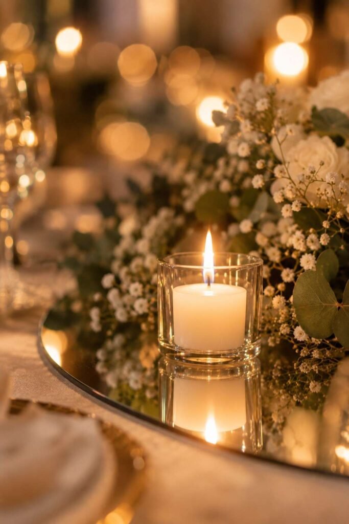 Candle flame reflected on a mirror wedding table centerpiece base.