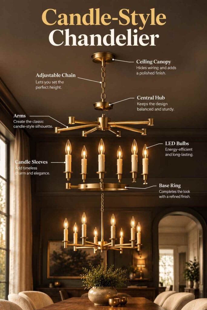 Candle-style brass chandelier shown in an elegant dining room with warm lighting and cream upholstered chairs.