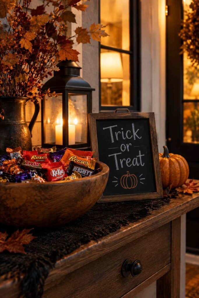 Halloween Decor for Entry Table Ideas to Welcome Guests Spooky, Elegant & Budget-Friendly 19 Candy bowl and welcome sign family Halloween entry table decor