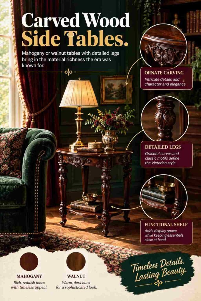 Ornate carved mahogany side table with detailed legs, brass lamp, books, and floral decor in a Victorian living room.