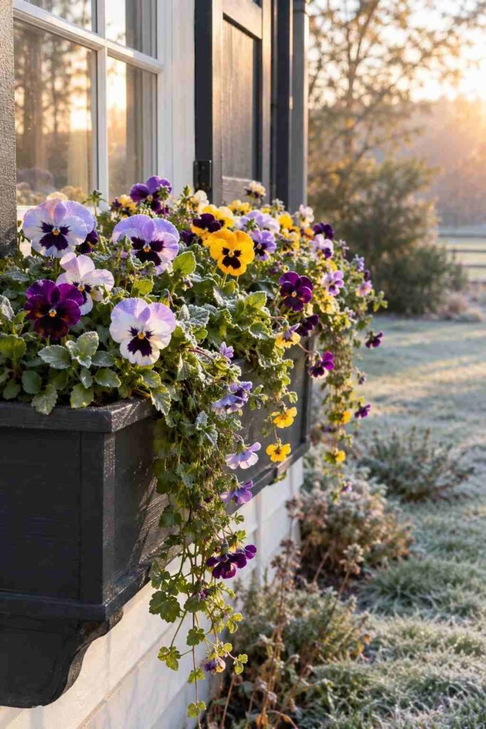 Fall Window Box Ideas to Turn Your Porch Into an Autumn Showstopper 10 Trailing pansies and violas cascading from a fall window box.