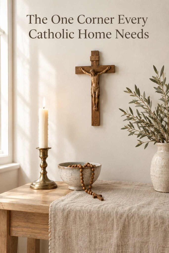 Minimal Catholic Home Decor Ideas for a Peaceful, Faith-Centered Home 5 Close-up of a wooden crucifix, brass candle holder, and rosary in a ceramic bowl on a linen table runner.