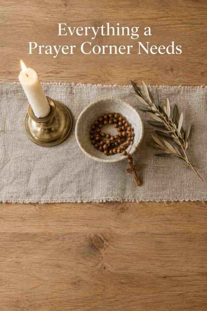 Minimal Catholic Home Decor Ideas for a Peaceful, Faith-Centered Home 3 Overhead view of a styled prayer table with a candle, wooden rosary, linen runner, and dried olive branch.