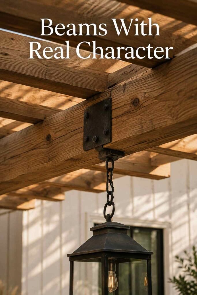 Close-up of a cedar pergola beam and rafter joint with a black metal bracket and the chain of a black iron lantern.