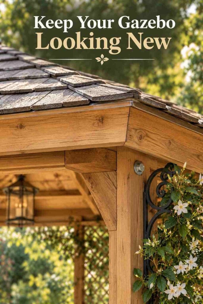 Close-up of a cedar gazebo roof joint with a fastener and weatherproof sealant.