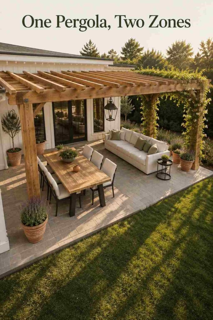 Elevated view of a cedar pergola patio showing a long dining table in the foreground and a cream sofa lounge beyond, under slatted rafters.