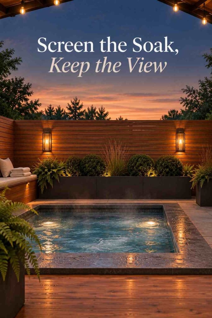 Horizontal cedar privacy screen with two brass wall lanterns behind a steaming spa on a stone-paved terrace.