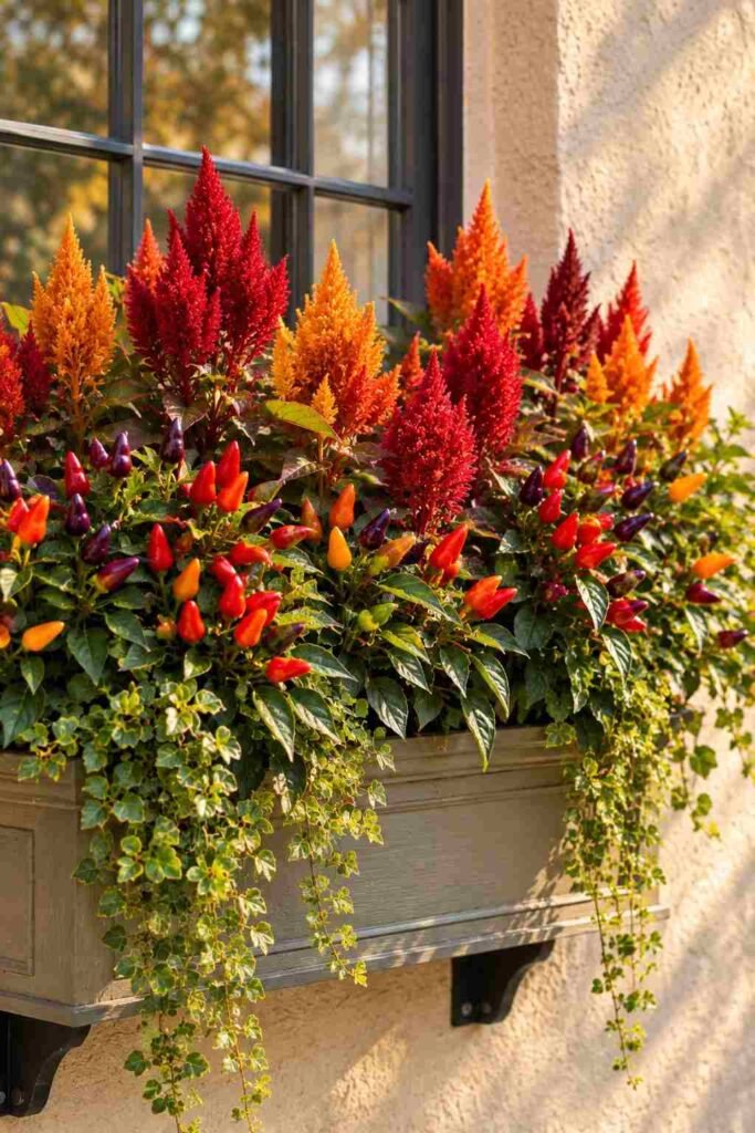25 stylish Autumn Window Boxes: pansies, violas, heuchera to Make Your Home Glow 9 Red celosia and ornamental peppers in a sunny fall window box