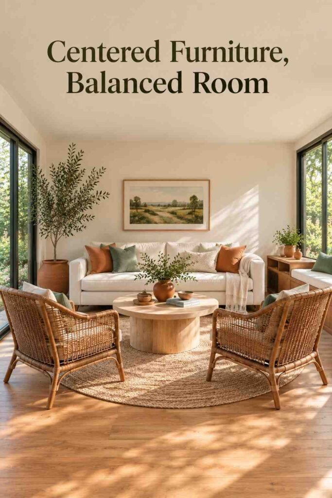 Symmetrical sunroom seating arrangement with a cream sofa, two rattan armchairs, and a round wood coffee table.