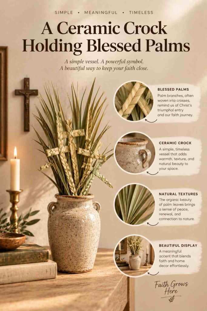 Ceramic crock holding blessed palms as a Catholic home decor idea.