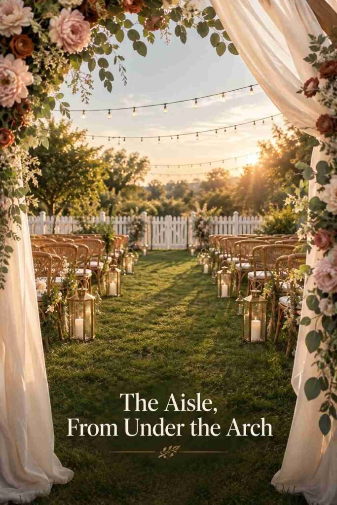 View down a lantern-lined grass aisle from beneath a chiffon-draped arch, with rattan chairs on both sides and a picket fence beyond.