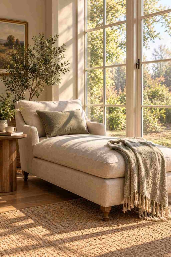 Chaise lounge positioned as indoor sunroom furniture near a window