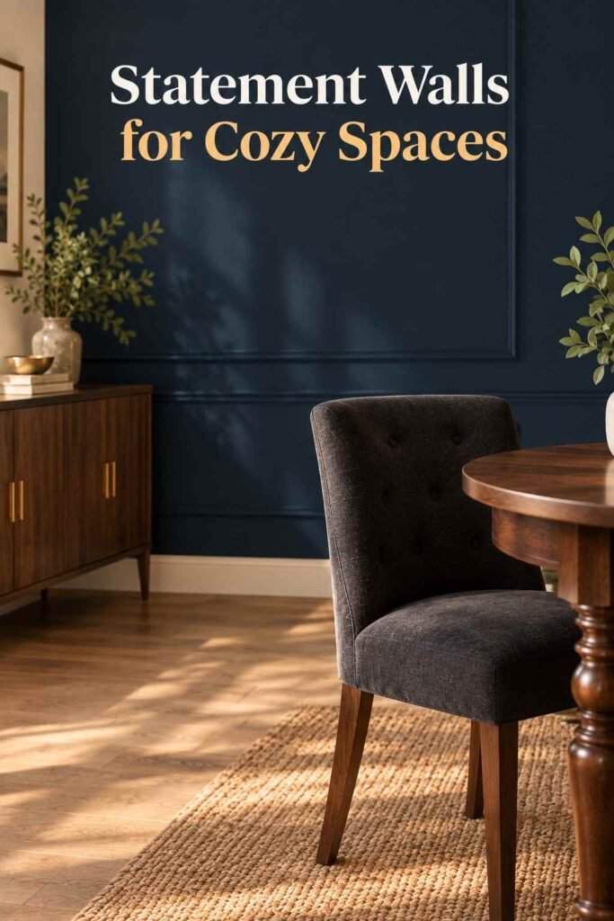 Dining Room Accent Wall Ideas That Will Transform Your Space in 2026 14 Charcoal upholstered dining chair positioned against a navy accent wall with open space around it.
