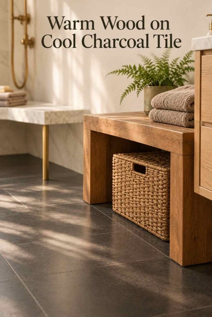 Close-up of teak bench legs resting on charcoal matte floor tile with soft window-light shadows.