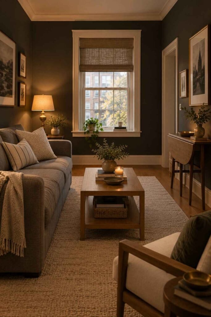 Charcoal living room walls framed by warm white trim, cream rug, and brass lamp.
