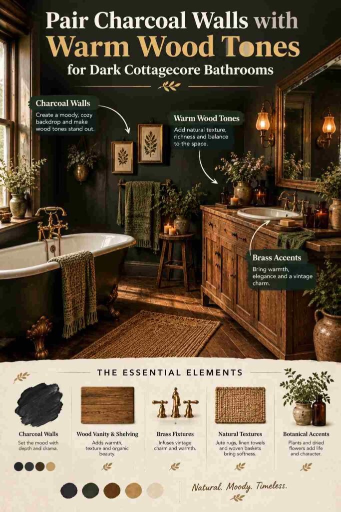 Dark cottagecore bathroom with charcoal walls, warm wood vanity, brass fixtures, clawfoot tub, vintage mirror, and botanical accents.