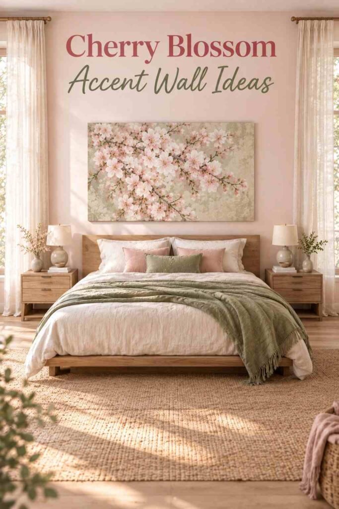 Symmetrical bedroom accent wall with cherry blossom wall art flanked by sheer linen curtains.