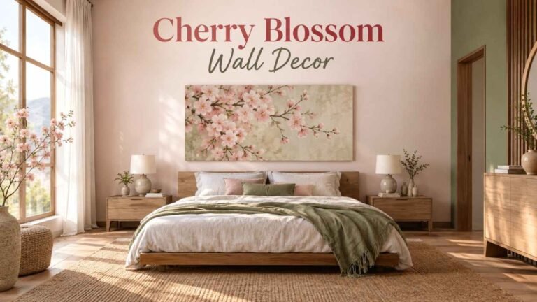 Soft pink cherry blossom wall decor above a white platform bed in a sage green and branch brown bedroom.